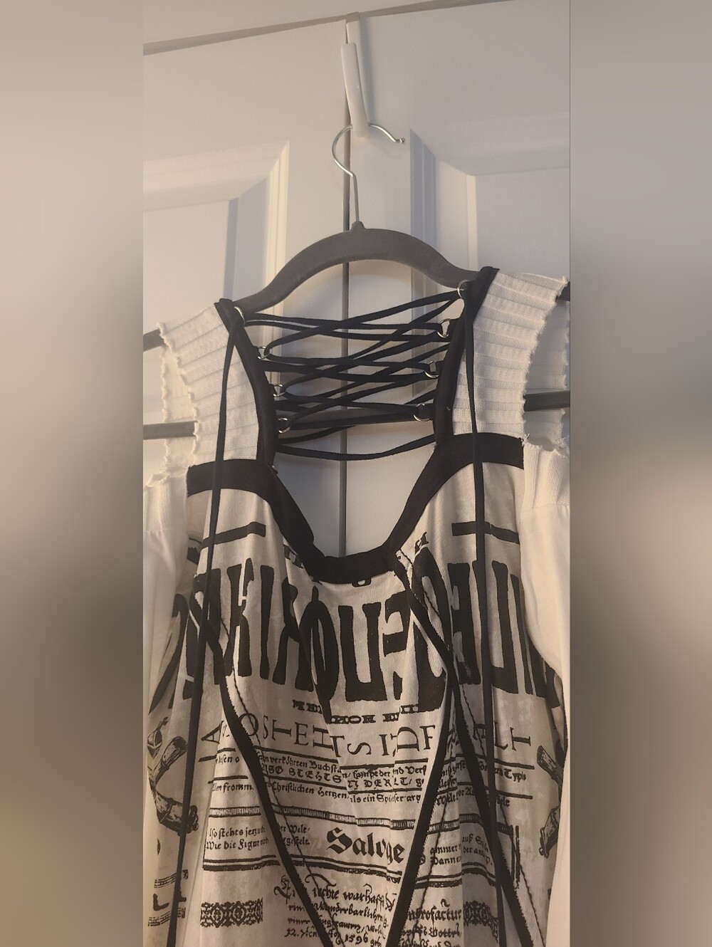 Salvage Y2K Lace Up Graphic Mini Dress XS Cream Black Gothic Punk - Picture 7 of 10